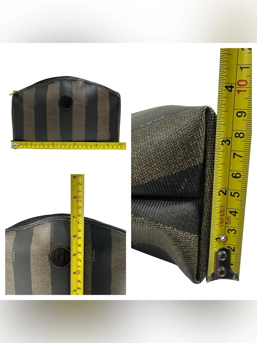 FENDI Black & Tan Pequin Striped Coated Canvas Leather Dome Clutch Pouch